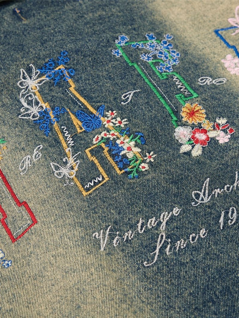 Washing Colorful Letter Embroidery Loose Denim Jacket