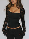 Lace Cutout Spliced Long Sleeve Mesh&Sheer Tops