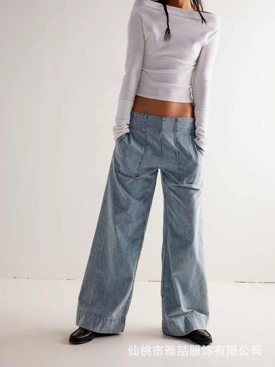 Straight-leg Pants With Contrasting Stitching Big Pocket Elastic Waistband Daily Work Jeans