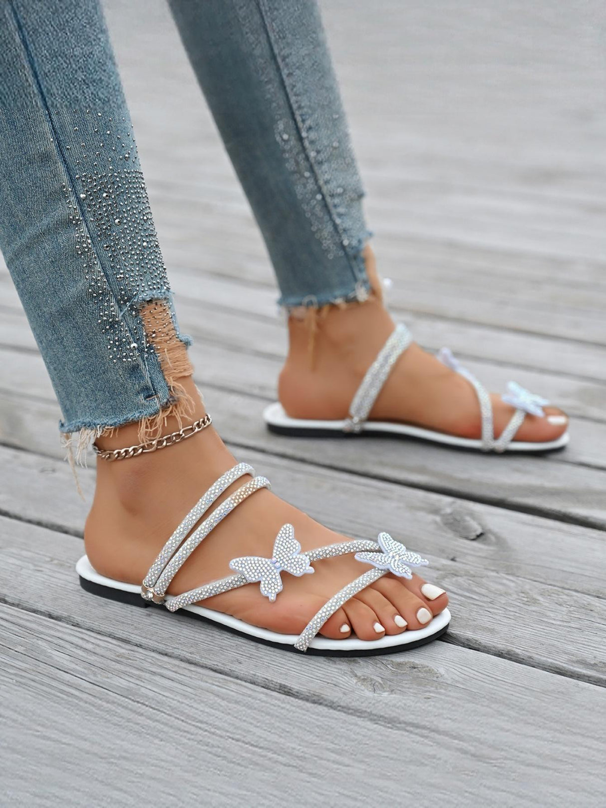 Rhinestone Strappy Butterfly Flat Sandals