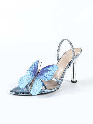 3D Butterfly Blue Iridescent High-heeled Sandals