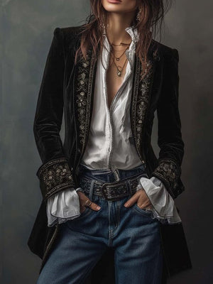 Long Sleeve Solid Color Patchwork Lace Velvet Blazers