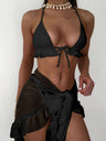 Mesh Skirt With Ruffled Trim, Solid Color Bikini Three-piece Set