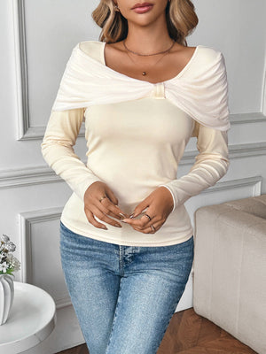 Women's Splicing Apricot Bow T-shirt