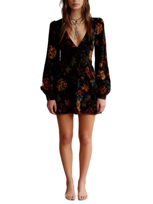 Printed V-neck Velvet Mini&Short Dresses