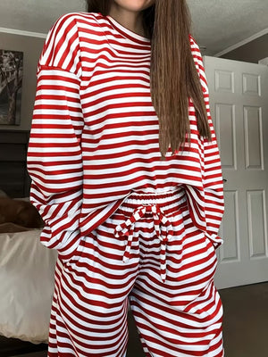 Striped Long-sleeved Top And High-waisted Trousers, Women's Fashionable And Casual Two-piece Set