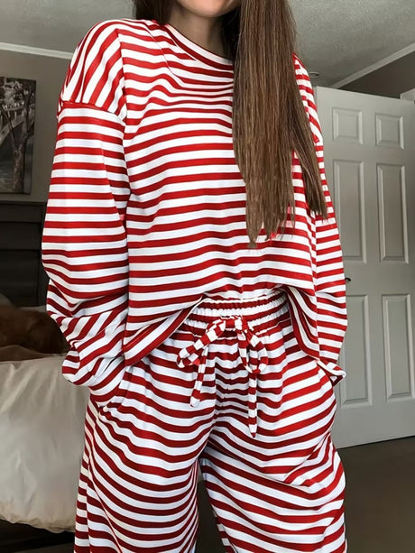 Striped Long-sleeved Top And High-waisted Trousers, Women's Fashionable And Casual Two-piece Set