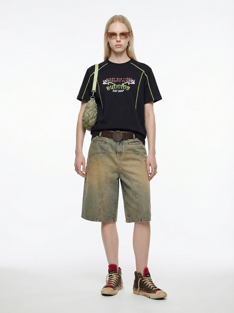 Suede Imitation Embroidery Printed Color-blocked T-shirts