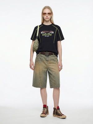Suede Imitation Embroidery Printed Color-blocked T-shirts