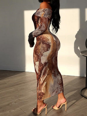 Milk Silk Tie-dye Printed Off Shoulder Slim Fit Hip Maxi Dresses