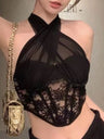 Lace Patchwork Mesh Cross Fishbone Neck Steel Ring Tank Tops