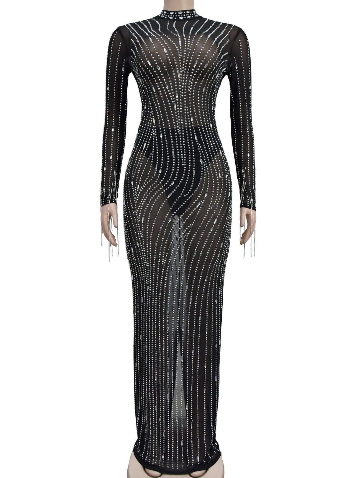 Robe maxi brillante à manches longues en résille et strass, idéale pour les soirées