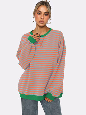 Women's Autumn/Winter Striped Color-Blocked Oversized Long-Sleeved Sweatshirt