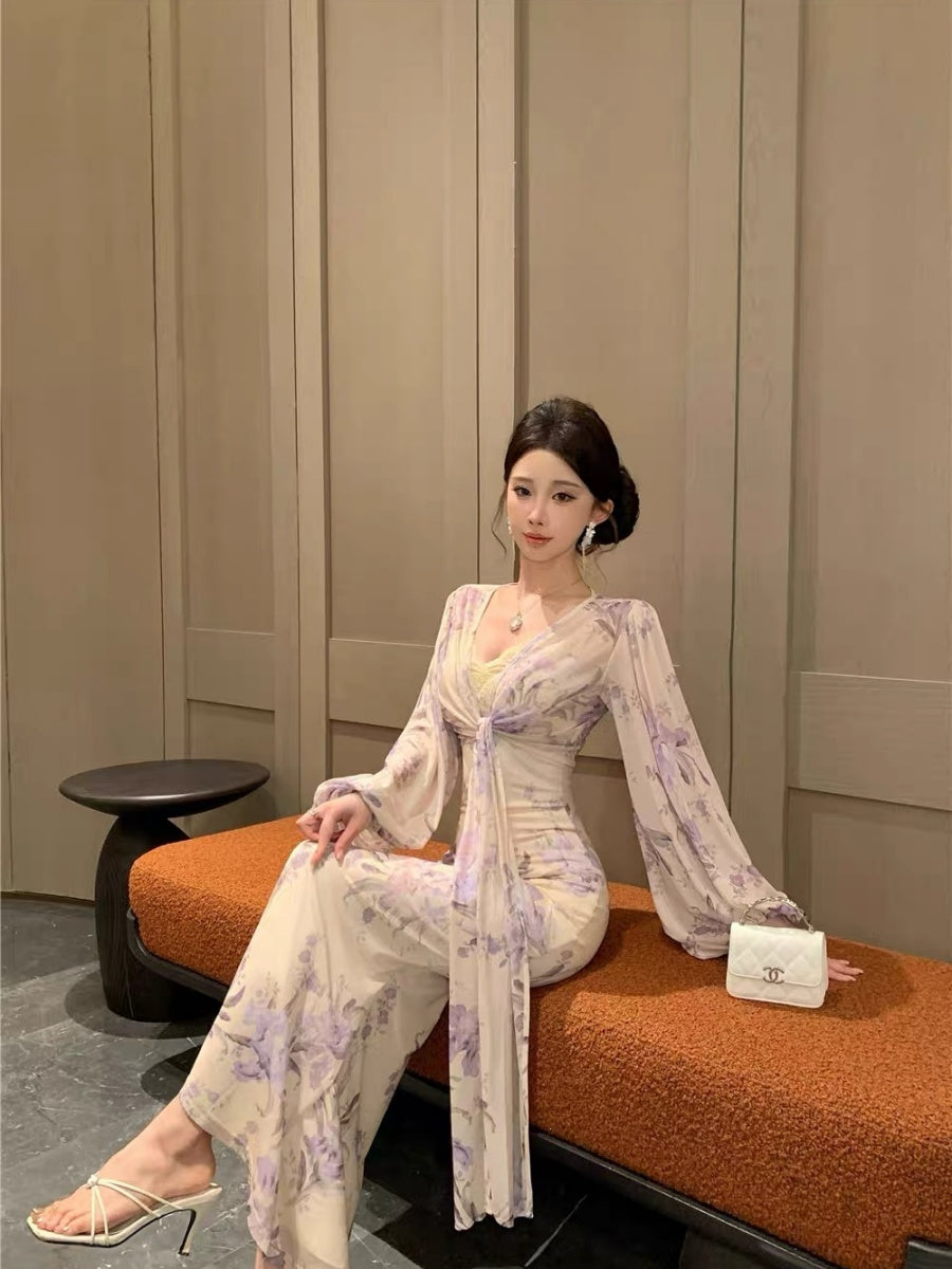 [Slip Dress + Floral Cardigan] Sexy Two-Piece Set With Printed V-Neck Lace Trim And Slim Fit