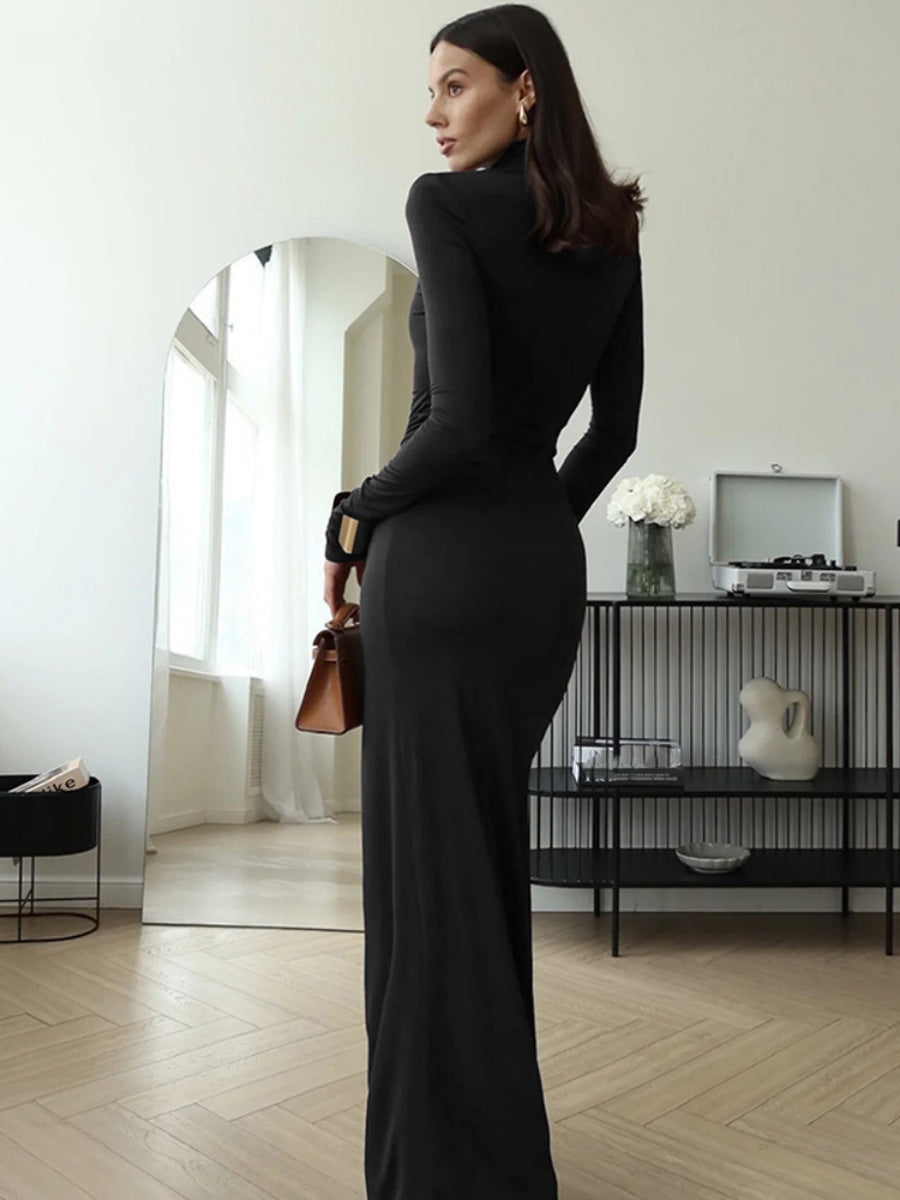High-neck Long-sleeved Bandage Waist Sexy Grace Hip-hugging Cocktail Maxi Dress
