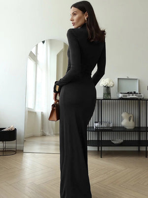 High-neck Long-sleeved Bandage Waist Sexy Grace Hip-hugging Cocktail Maxi Dress