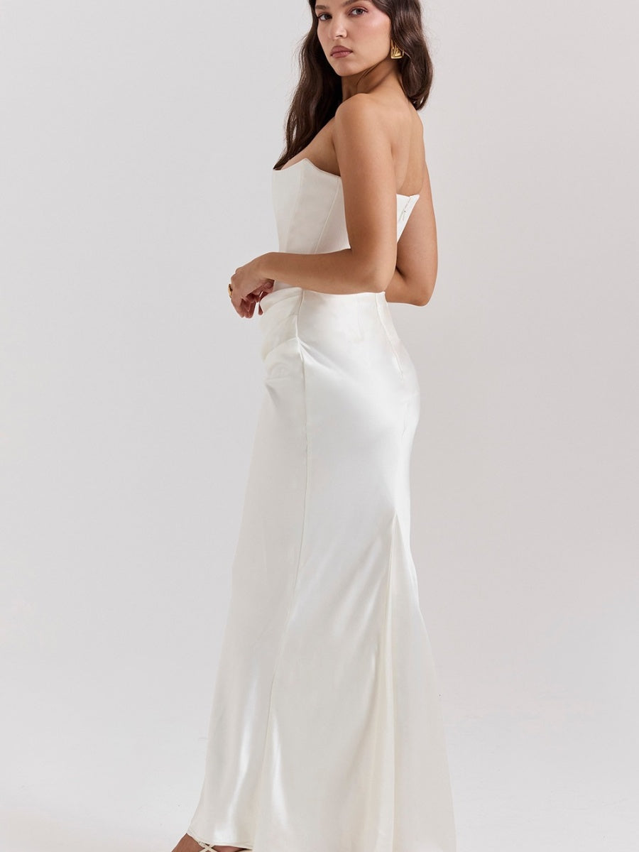 Strapless Satin Fishbone Decoration Crimp Splicing Hip-hugging Dinner Cocktail Midi Dress