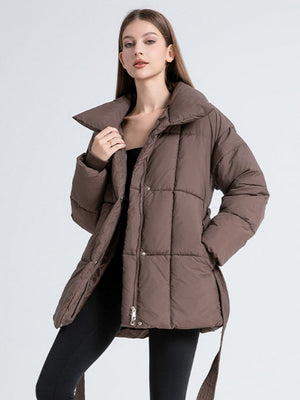 Stand Collar Tie Button Down Mid-length Warm Coat