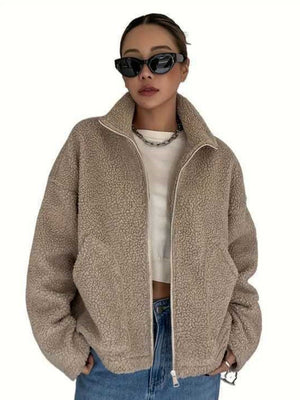 Leisure Long Sleeve Stand Collar Zipper Pocket Lambswool Jackets