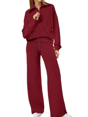 Women's Casual Sportswear Set: Zippered Long-Sleeved Sweatshirt And Wide-Leg Pants Two-Piece Set