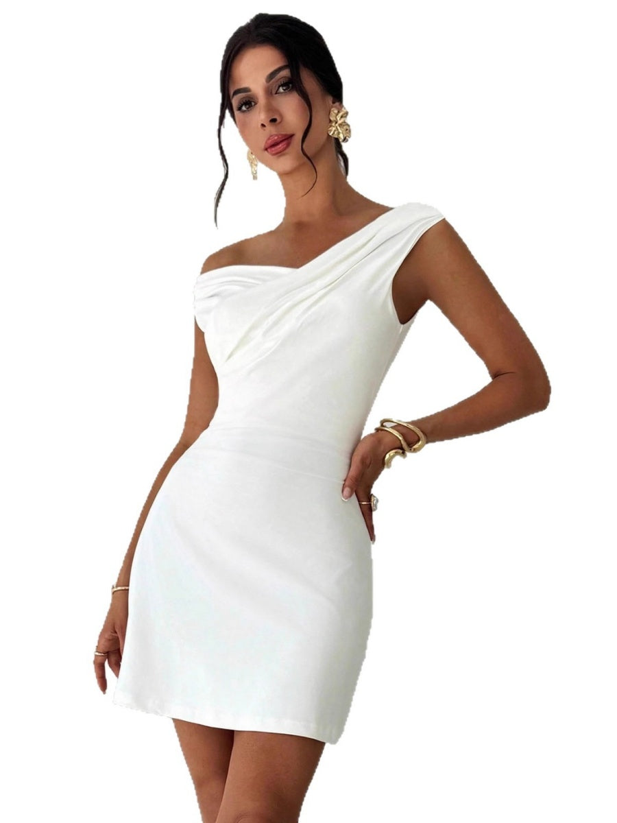 Off-the-shoulder Knitted Irregular Style Cross Neck Splicing Sleeveless Double Layer Slim-fit Short Dress