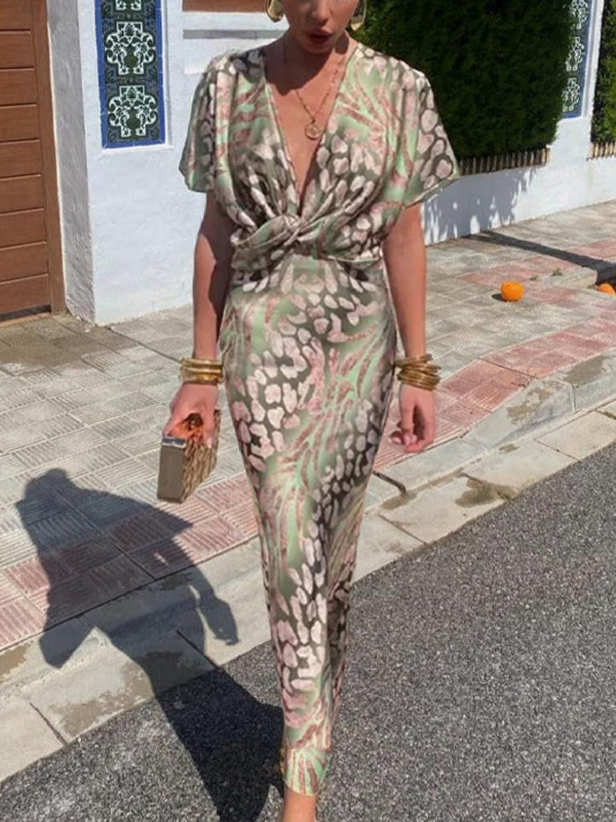 Floral Print Knot V-neck Short Sleeve Maxi Dresses