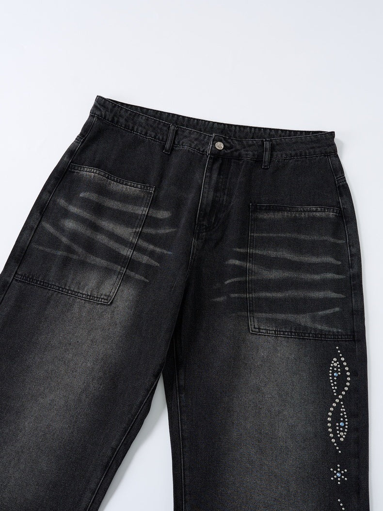 Black Cat Whiskers Sticker Bag Rhinestone-studded Distressed Wide-leg Jeans