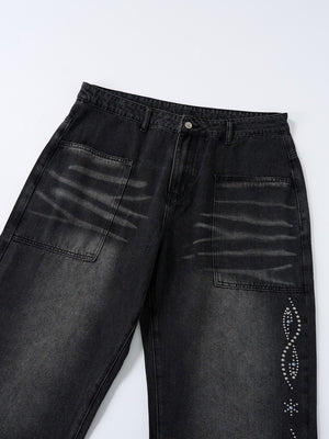 Black Cat Whiskers Sticker Bag Rhinestone-studded Distressed Wide-leg Jeans