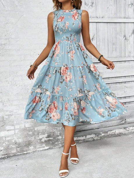 Floral Print Round Neck Sleeveless Maxi Dresses