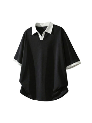 Layered-look Color-blocked Seagull Collar Polo Shirt