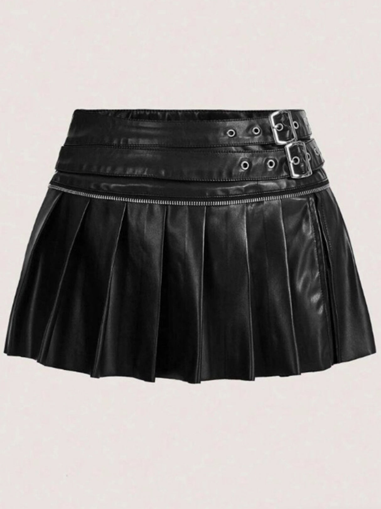 PU High-waisted Slit Belt Decoration Pleated Skirt