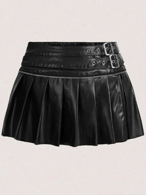 PU High-waisted Slit Belt Decoration Pleated Skirt