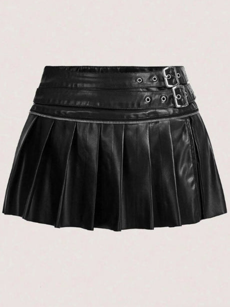 PU High-waisted Slit Belt Decoration Pleated Skirt