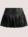 PU High-waisted Slit Belt Decoration Pleated Skirt