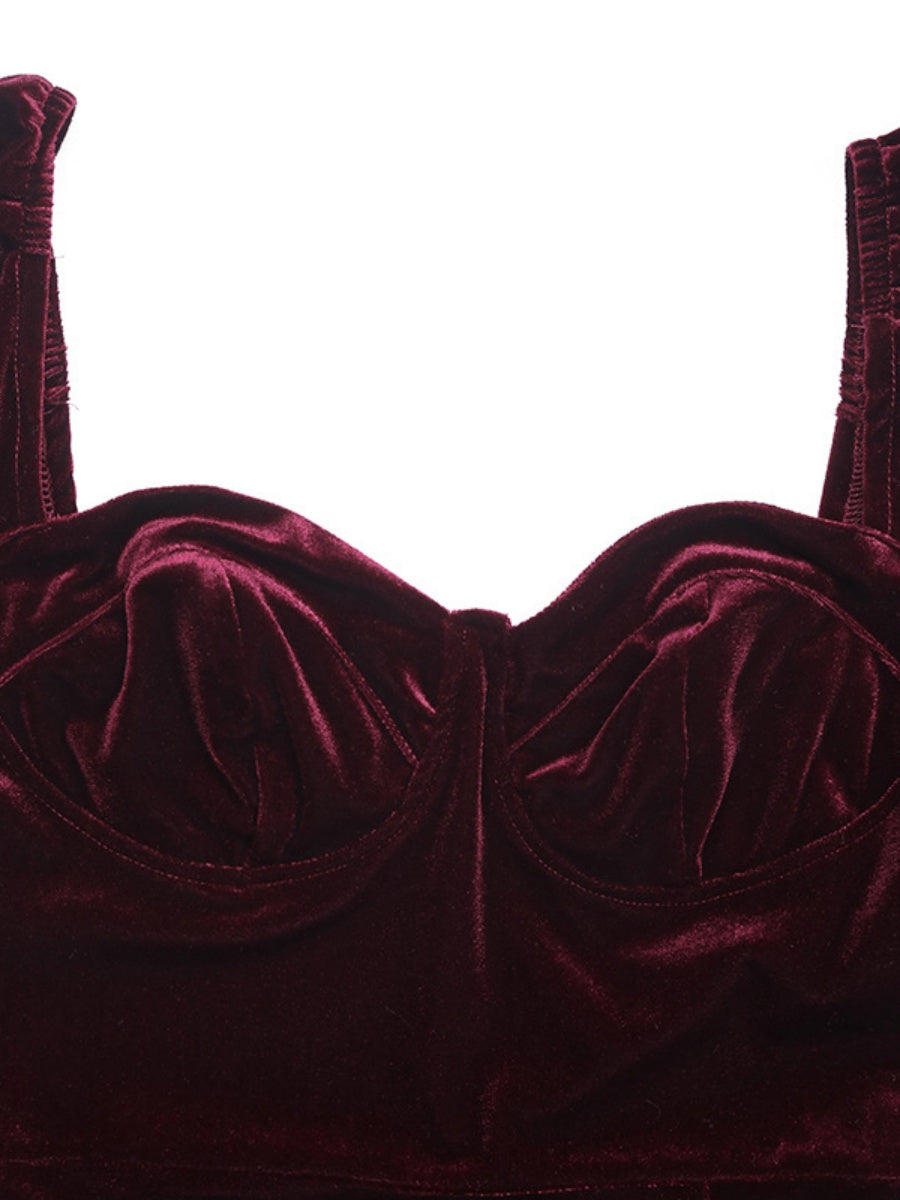 Long-sleeved Square Neckline Burgundy Velvet Slit Formal Dinner Cocktail Party Christmas Midi Dress