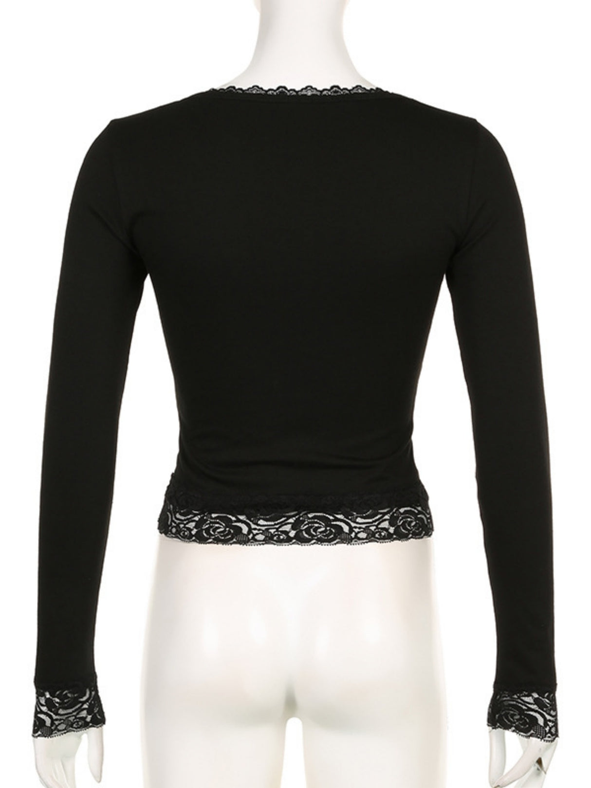 Lace Trim U-neck Long Sleeve Slimming Crop Top