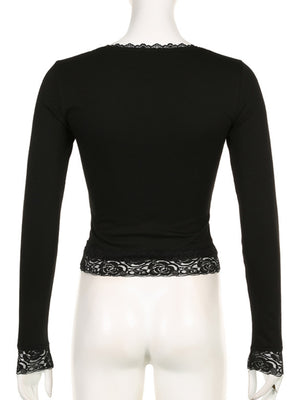 Lace Trim U-neck Long Sleeve Slimming Crop Top