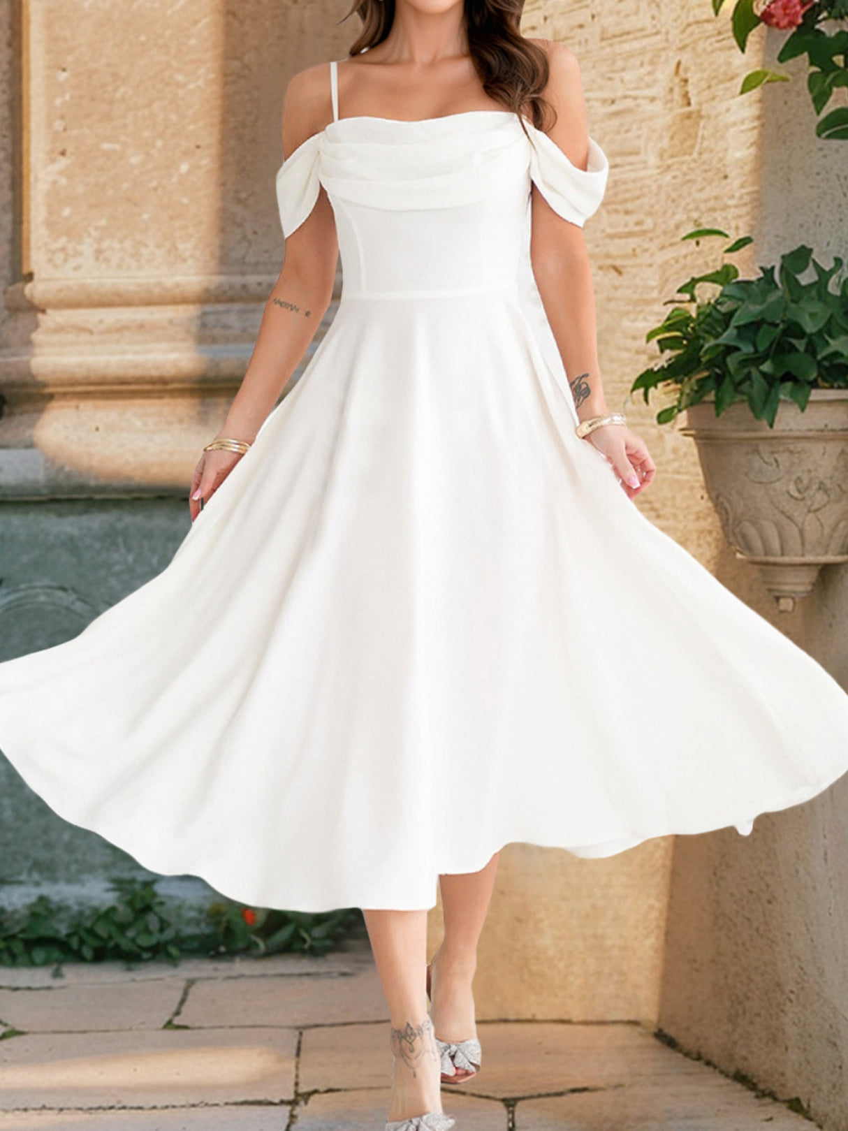 Ruffled Off-shoulder Spaghetti Strap Waist Maxi Dresses