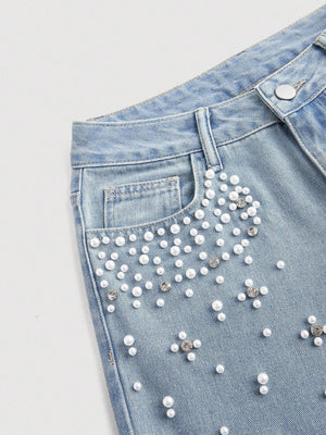Women's Autumn/Winter Beaded High-Waisted Wide-Leg Jeans