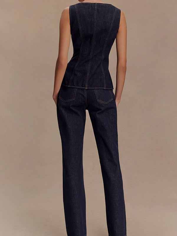 Sleeveless High-waisted Buttons Denim Vest And Trousers 2-piece Sets