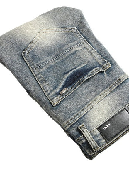 Punk Blue Slim Stretch Orange Patches Straight Flared Jeans