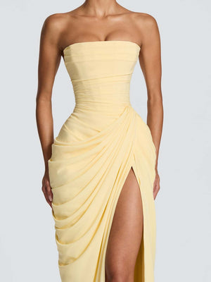 Asymmetrical Pleated Sexy High-slit Strapless Pleated Long Dress