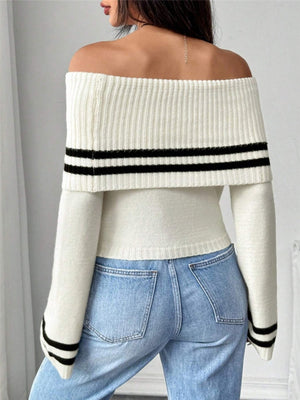 Off-shoulder Navel Exposed Striped Color Blocking Bell Sleeves Knitted Sweater