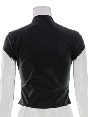PU Leather Buttons Tight Turtleneck Short-sleeved Top