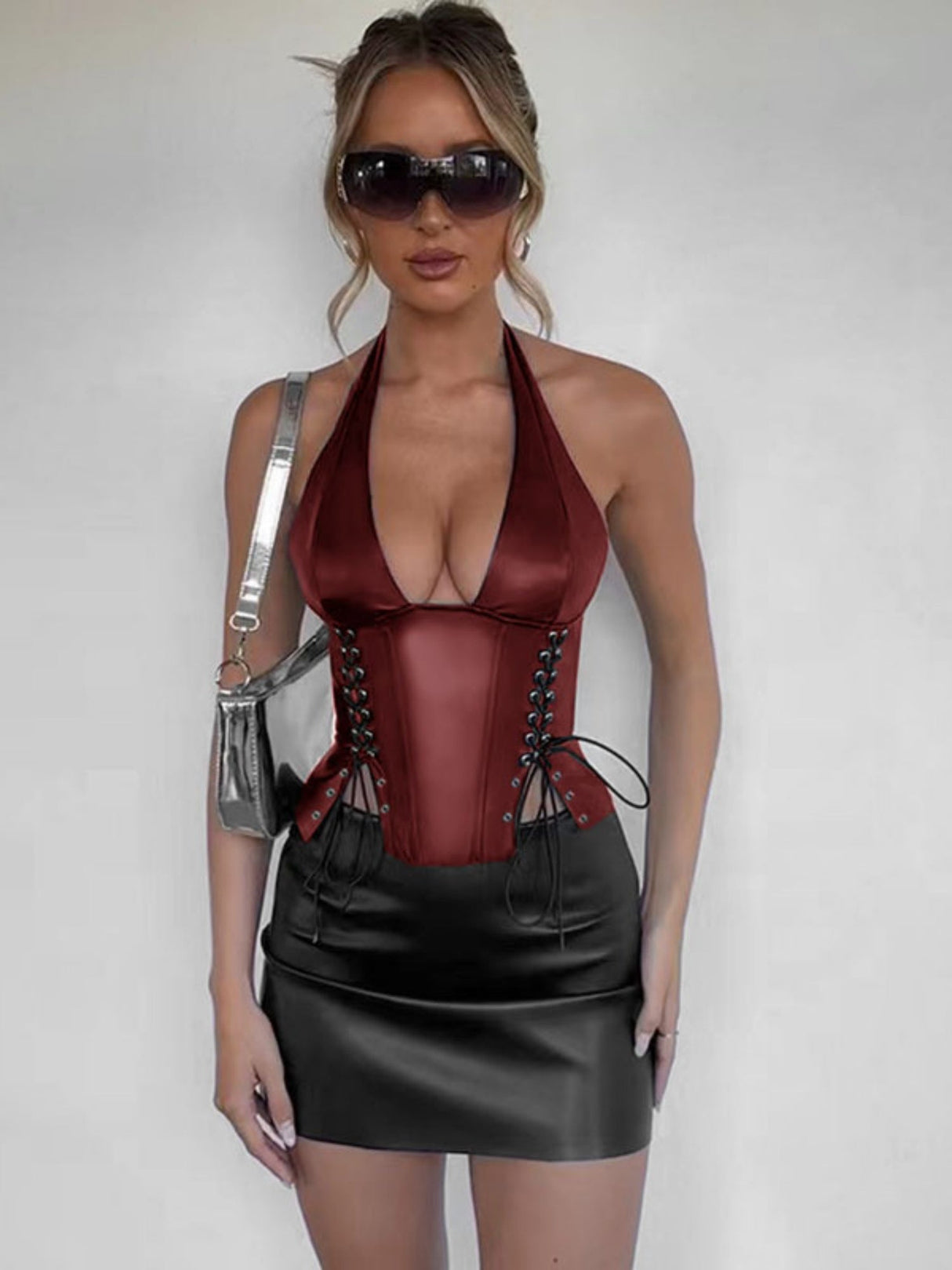 Débardeurs et camisoles corsets à bretelles en cuir PU, taille basse
