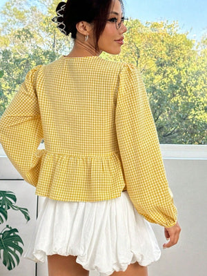 Asian Korean Style Plaid Loose Bow Long-sleeved Shirt