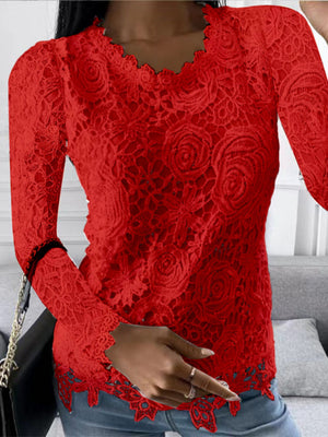 Lace Trim Crew Neck Long-sleeved T-shirt
