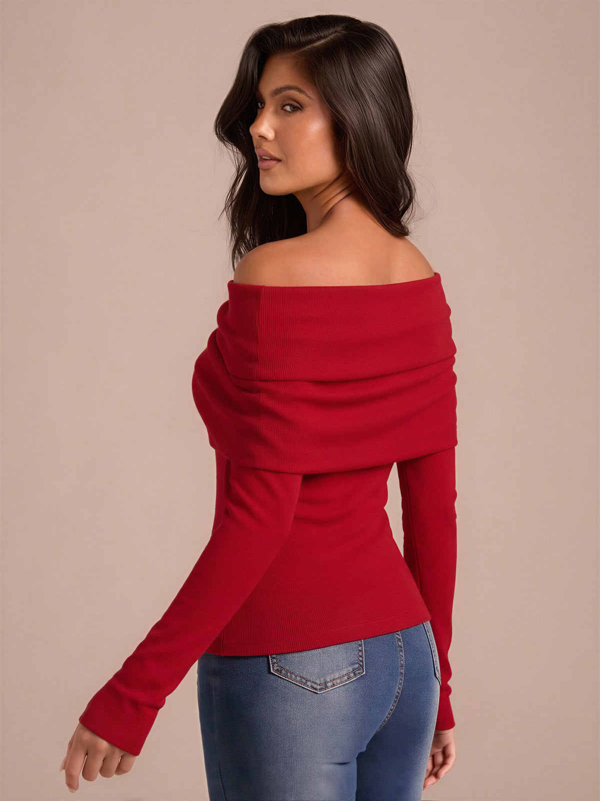 Wool Folded Off-shoulder Long-sleeved Sweater