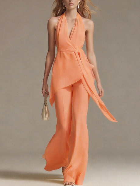 Halter-neck Backless Belt Sleeveless Top And Wide-leg Pants Two-piece Set