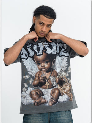 Washing Water Retro Angel Child Printed Loose-fit T-shirts